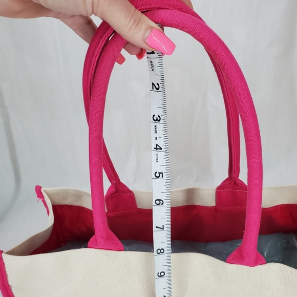 Juicy Couture Beige Canvas Tote Bag Pink Trim Logo Handle Errand Shopping School - Picture 13 of 13